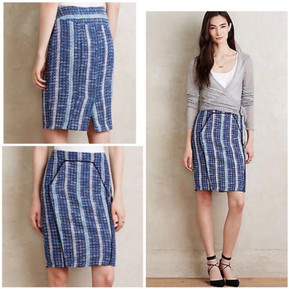 Anthro Eva Franco Blue & White Tweed Pencil Skirt